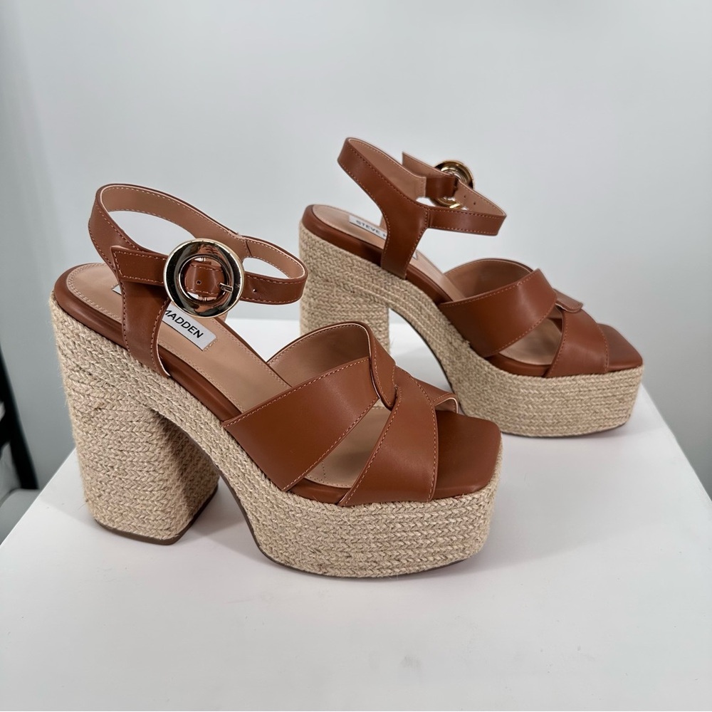 Steve Madden Matter Heeled Platform Sandals in Cognac size 10 New Ankle Strap - Picture 2 of 10